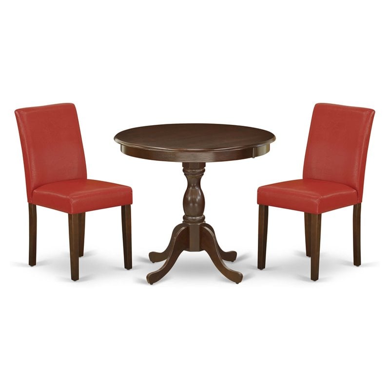 Pemberly Row 3-Piece Wood Dining Set with Red PU Leather Chairs in Mahogany