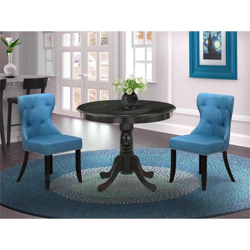 Pemberly Row 3-Piece Dining Set with Wire Brushed Black Table and Fabric Chairs