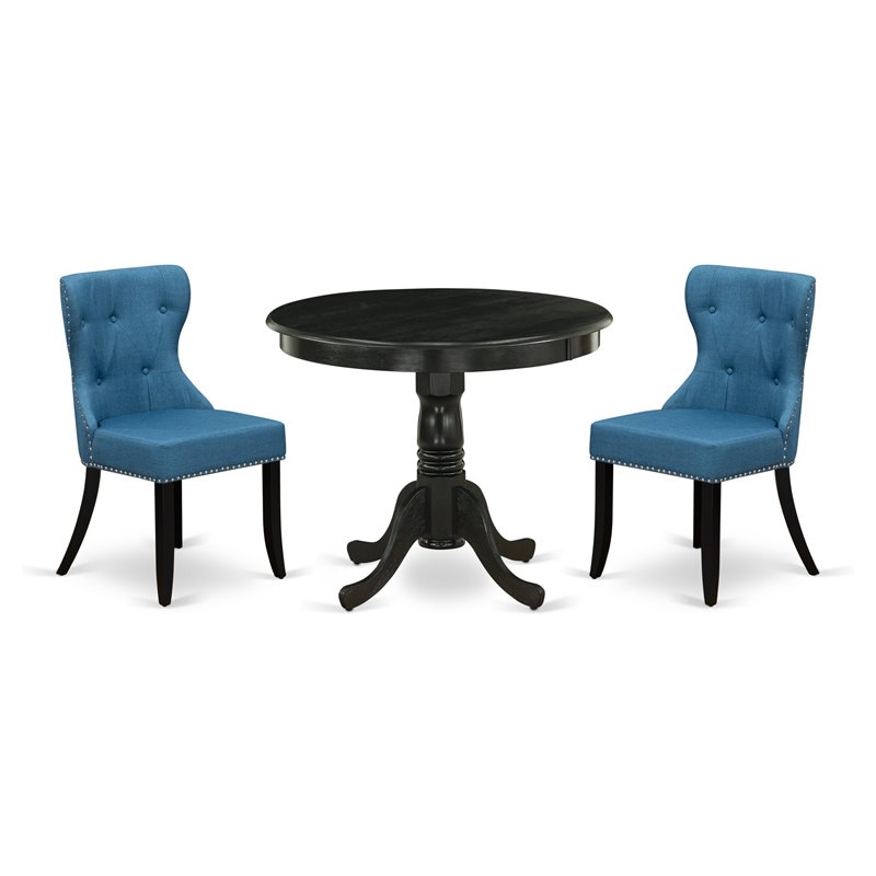Pemberly Row 3-Piece Dining Set with Wire Brushed Black Table and Fabric Chairs