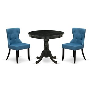 Pemberly Row 3-Piece Dining Set with Wire Brushed Black Table and Fabric Chairs
