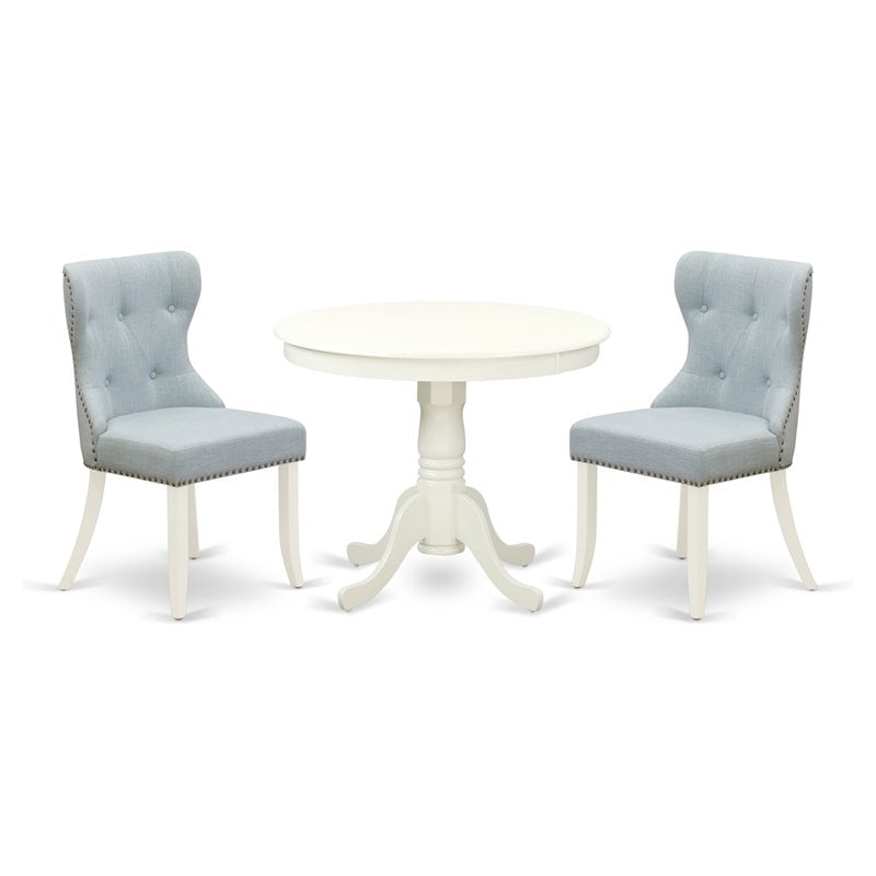 Pemberly Row 3-Piece Dining Set with Baby Blue Linen Chairs and White Table