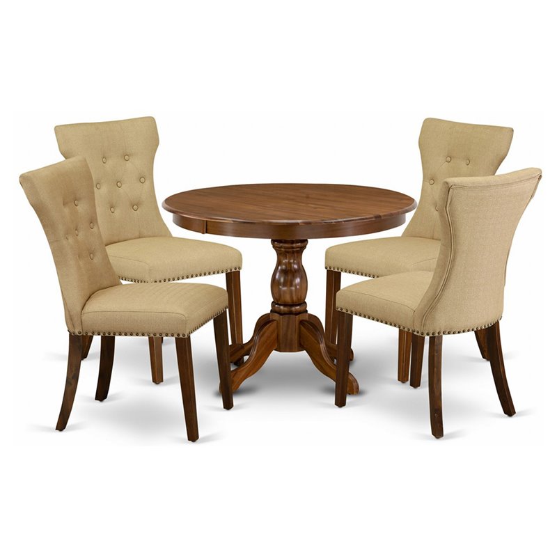 Pemberly Row 5-Piece Walnut Dining Set with Brown Upholstered Chairs