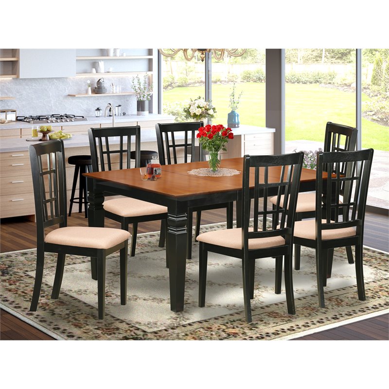 Pemberly Row 7-Piece Dining Room Set with Linen Seats in Black and Cherry Finish