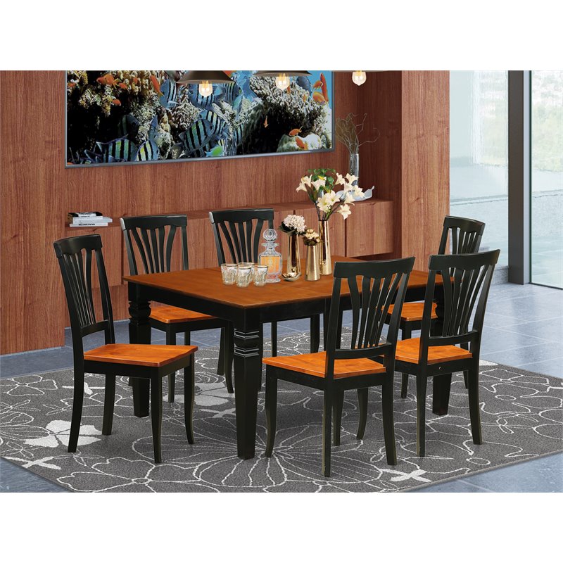 Pemberly Row 7-Piece Dining Set with Wood Seats in Black and Cherry Finish