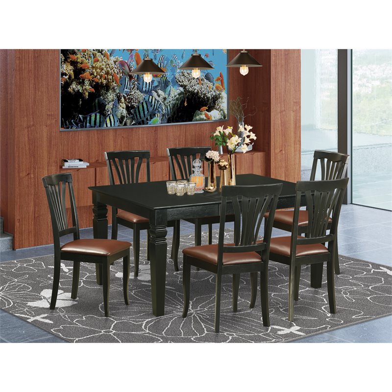 Pemberly Row 7-Piece Wood Dining Table Set in Black with Faux Leather Seats