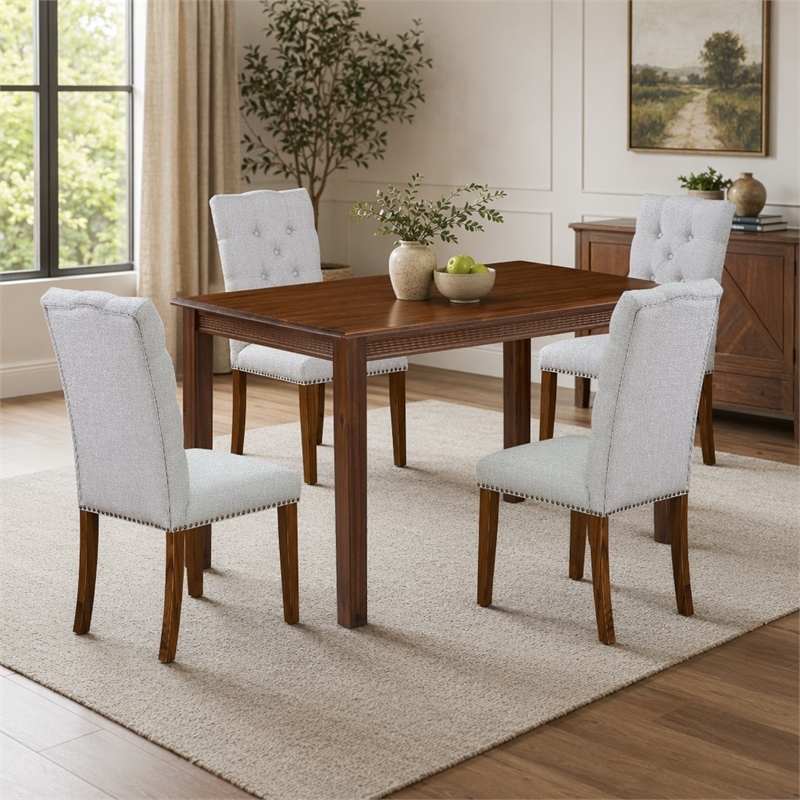 Pemberly Row 5-Piece Walnut Wood Dining Set with Upholstered Chairs