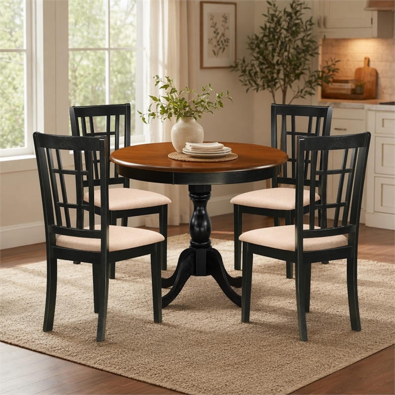 Pemberly Row 5-Pc Wood Dining Set with Round Table and Linen Chairs