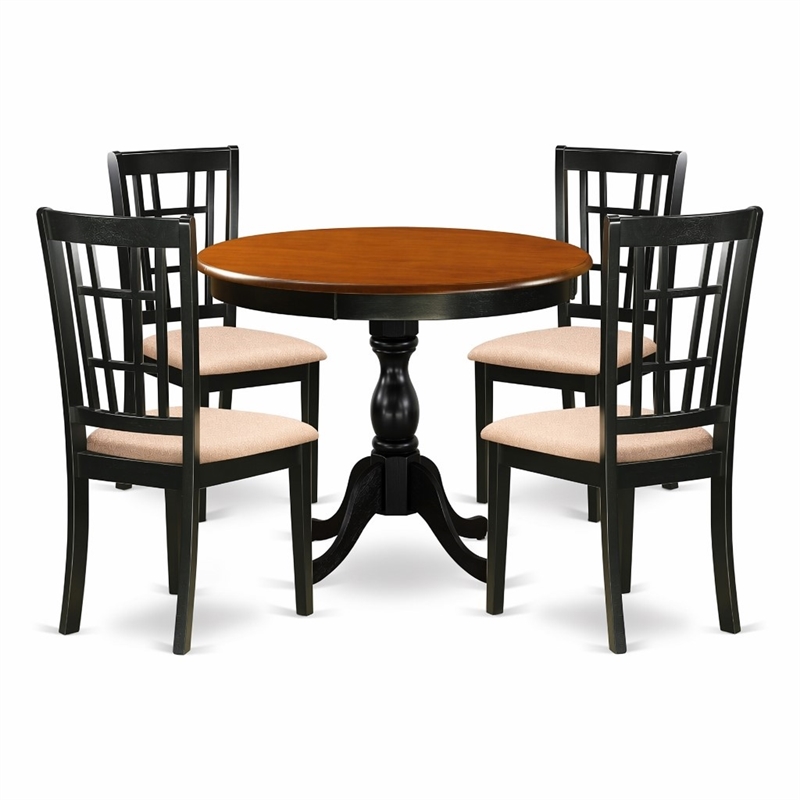 Pemberly Row 5-Pc Wood Dining Set with Round Table and Linen Chairs