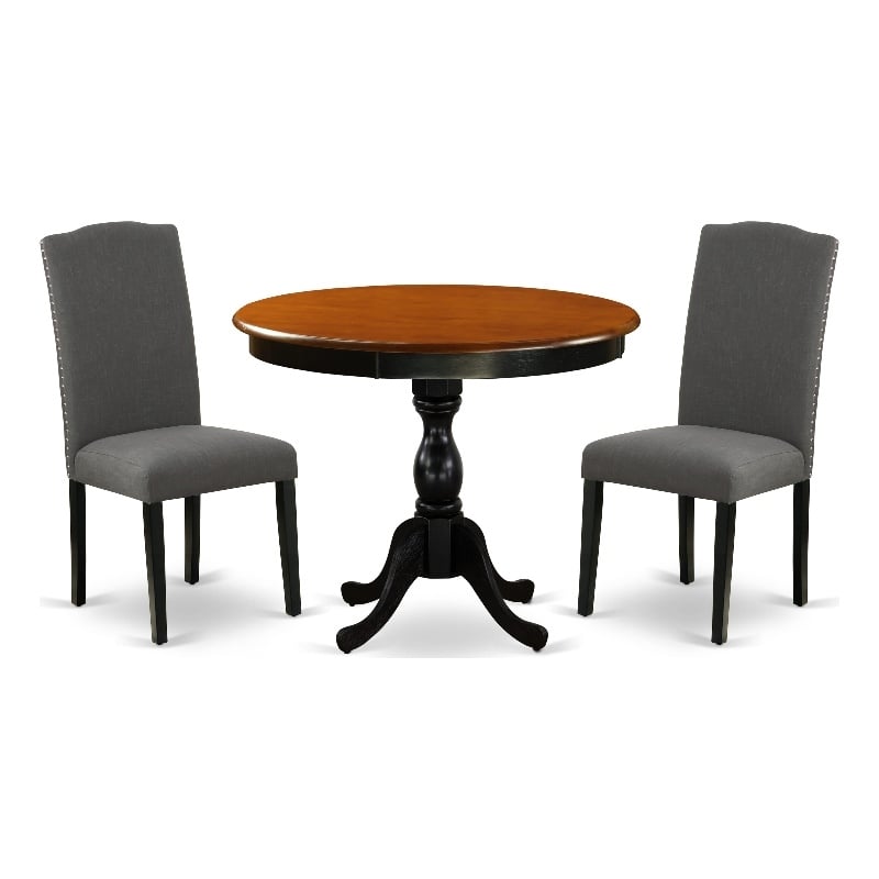 Pemberly Row 3-Pc Dining Set with Round Wood Table and Linen Fabric Chairs