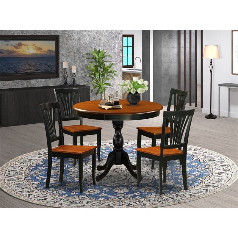 Pemberly Row 5-Piece Dining Set with Round Cherry Table and Slatted Back Chairs