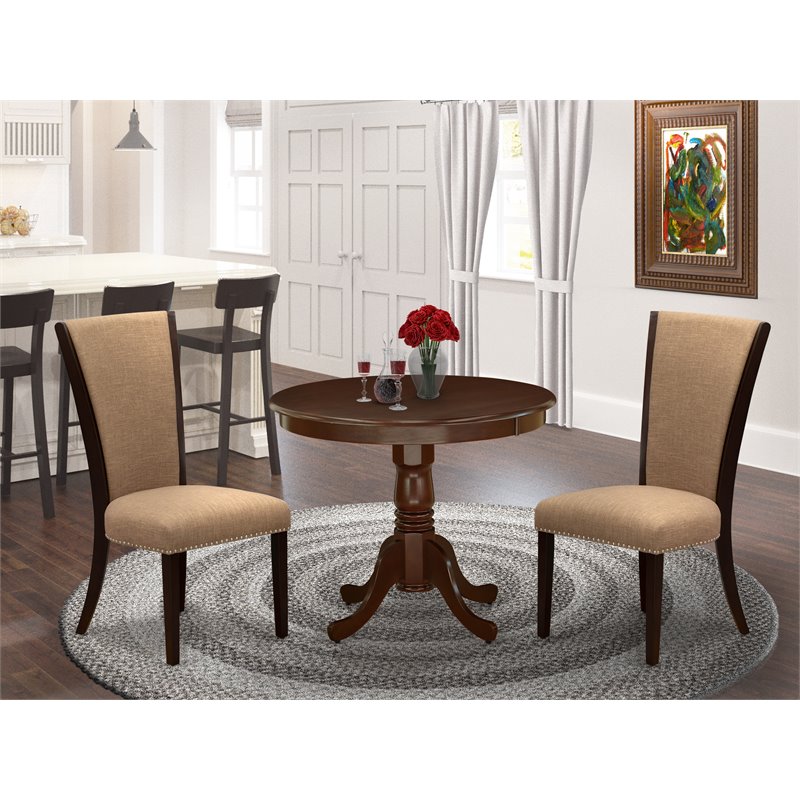 Pemberly Row 3-Piece Wood Dining Set in Mahogany and Light Sable Fabric
