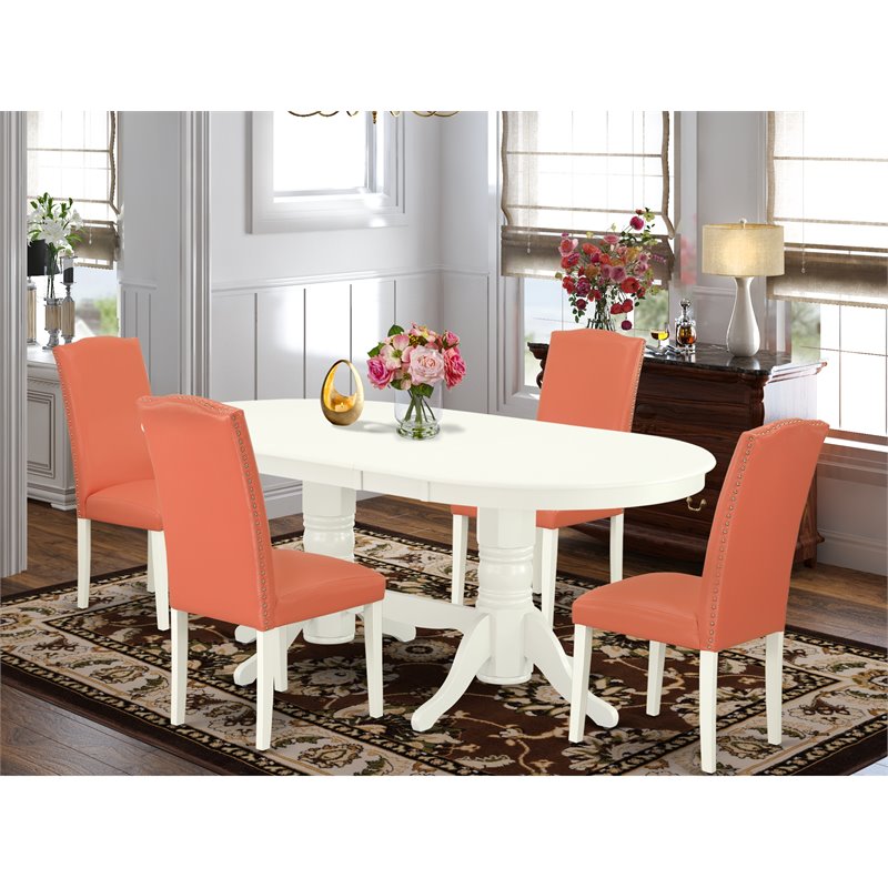 Pemberly Row 5-Piece White Dining Set with Pink Flamingo Parson Chairs