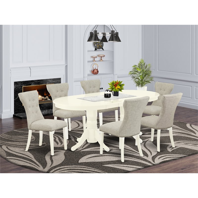 Pemberly Row 7-Piece Dining Room Set with Linen White Table and Doeskin Chairs