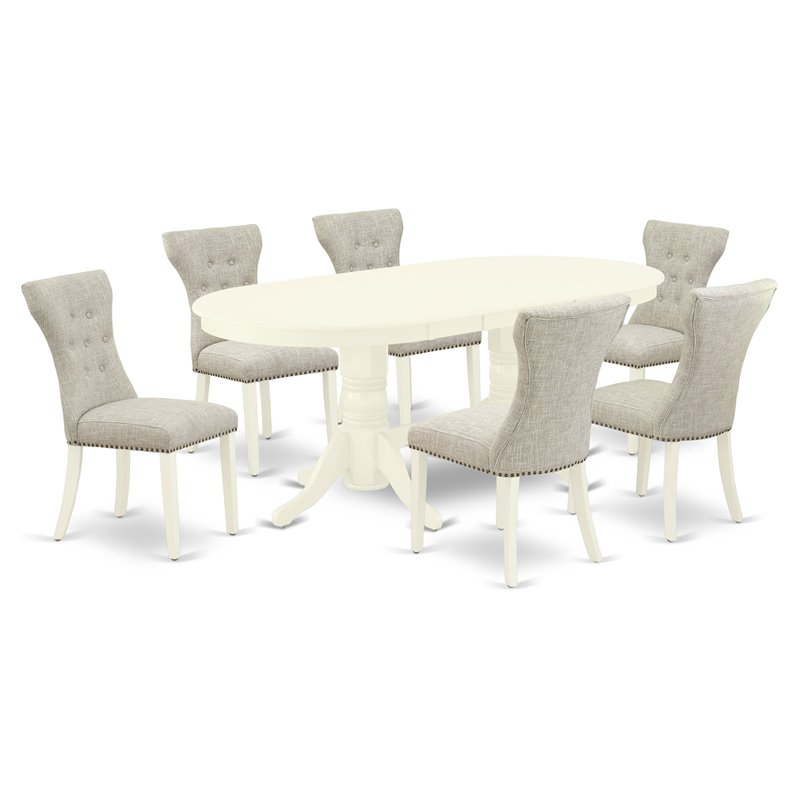 Pemberly Row 7-Piece Dining Room Set with Linen White Table and Doeskin Chairs