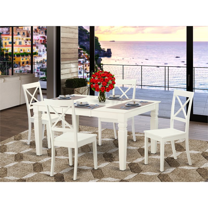 Pemberly Row 5 Pc Wood Dining Table Set in Linen White with Smooth Finish