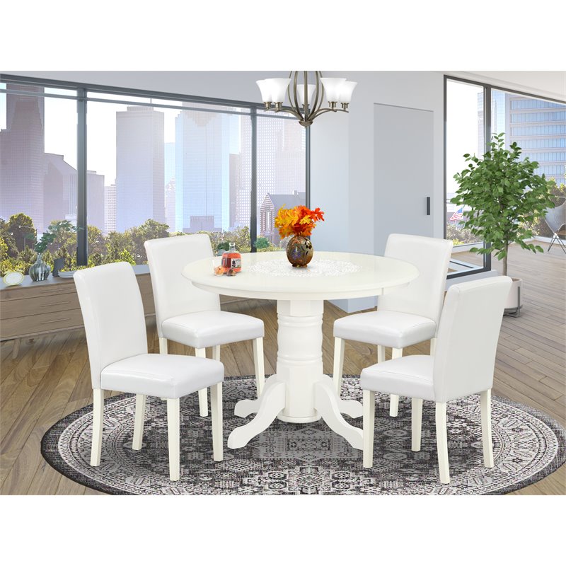 Pemberly Row 5-Piece Wood Dining Set in Linen White and White Leather