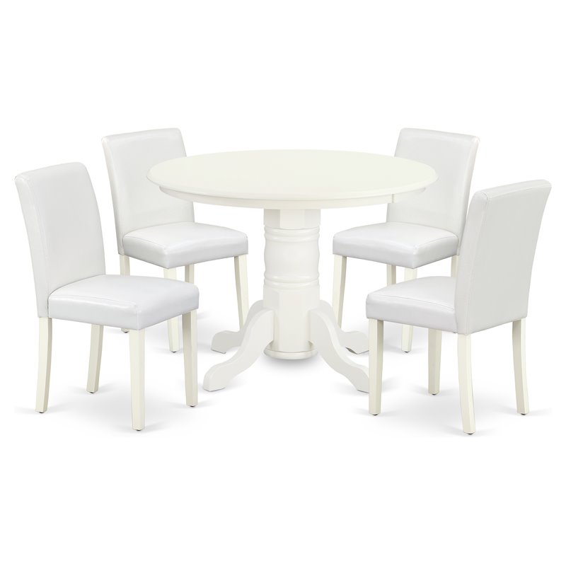 Pemberly Row 5-Piece Wood Dining Set in Linen White and White Leather