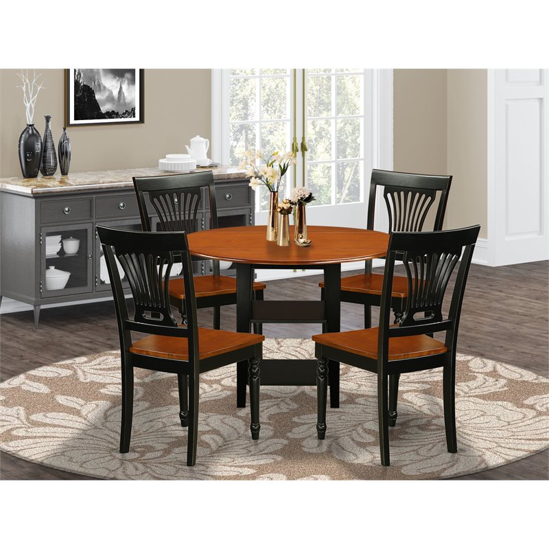 Pemberly Row 5-Piece Round Wood Dining Set with Slat Back in Black and Cherry