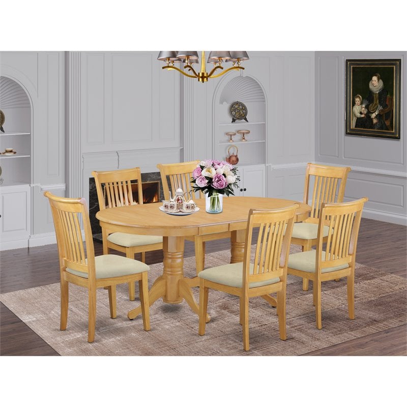 Pemberly Row 7-Piece Oak Dining Set with Cushioned Chairs & Pedestal Table