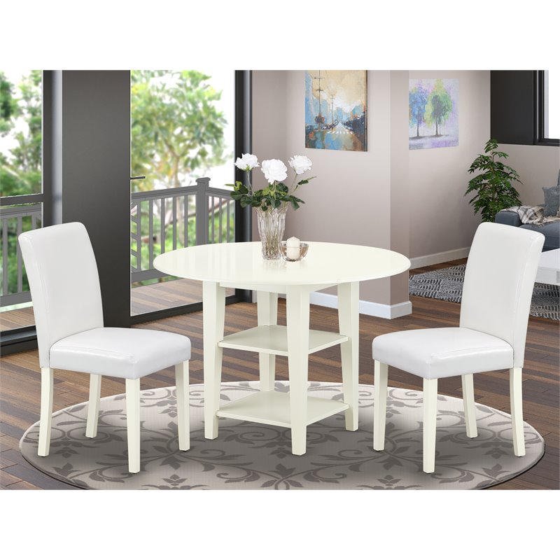 Pemberly Row 3-Piece Wood Dining Table Set in Linen White and White PU Leather