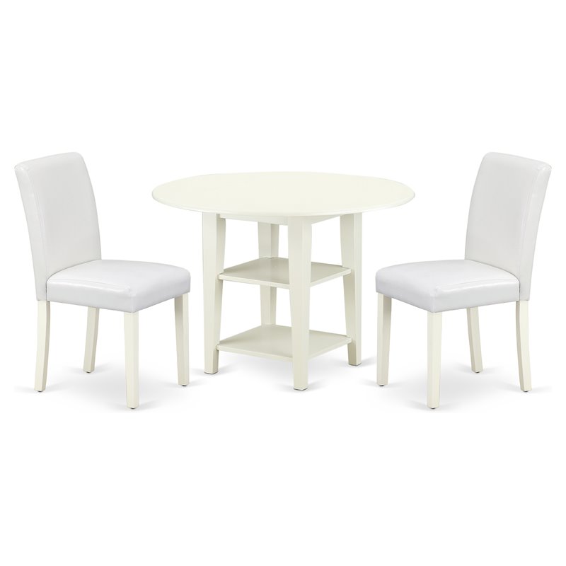 Pemberly Row 3-Piece Wood Dining Table Set in Linen White and White PU Leather