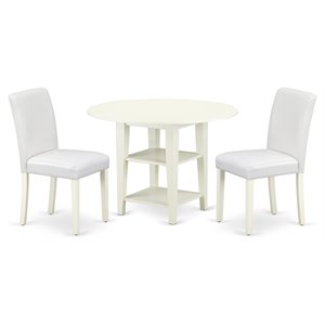 Pemberly Row 3-Piece Wood Dining Table Set in Linen White and White PU Leather