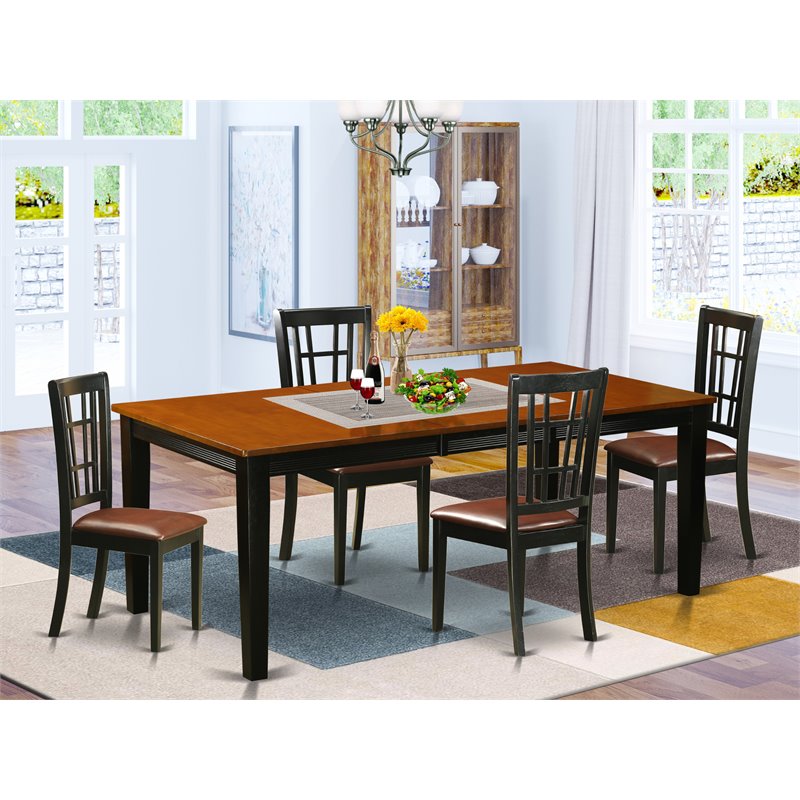 Pemberly Row Rubber Wood Dining Set with Faux Leather Chairs in Cherry Finish