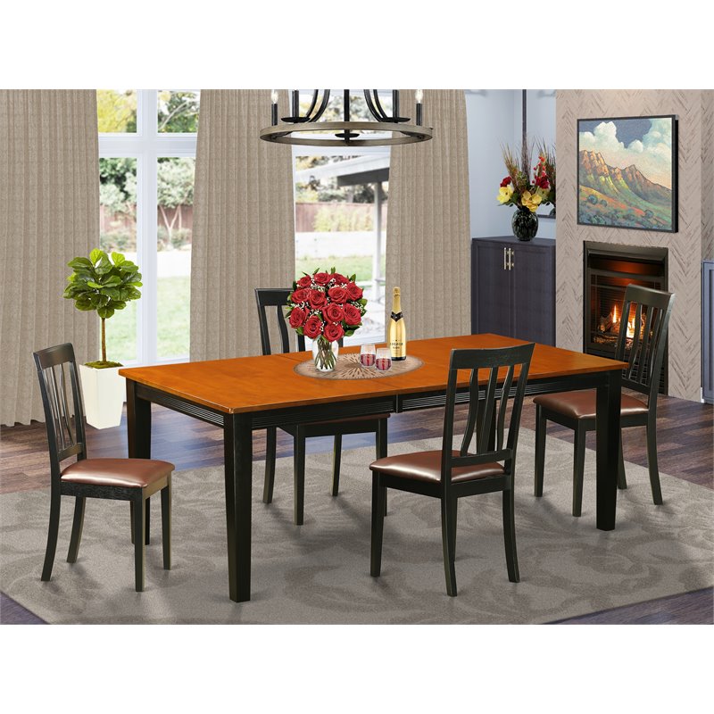 Pemberly Row 5-Piece Dining Set with Leather Seats in Black/Cherry Wood