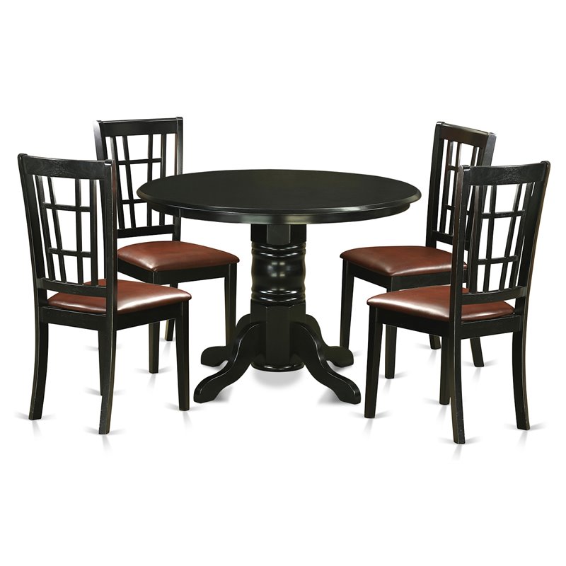 Pemberly Row 5-Piece Wood Dining Room Table Set with Leather Seats in Black