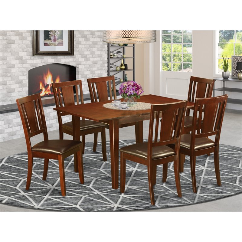 Pemberly Row 7-Piece Wood Dining Set with Leather Chairs in Mahogany