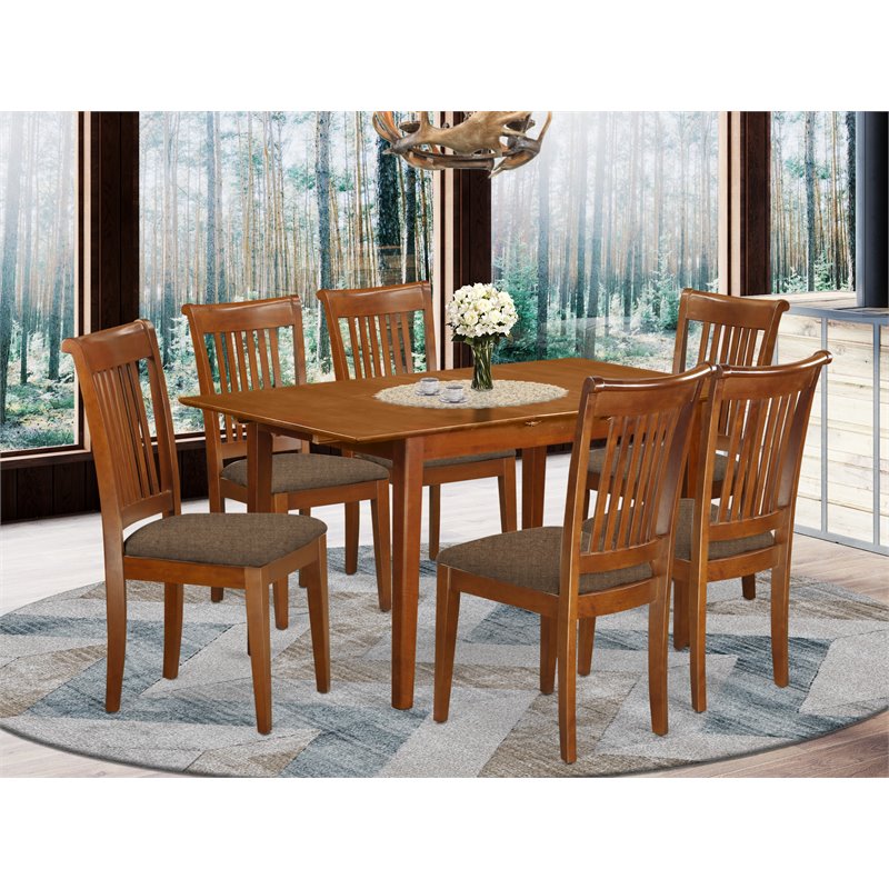 Pemberly Row 7-Piece Wood Kitchen Table Set in Saddle Brown with Linen Seats