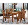 Pemberly Row 7-Piece Wood Kitchen Table Set in Saddle Brown with Linen Seats