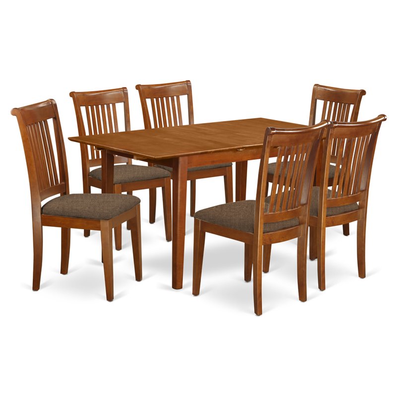 Pemberly Row 7-Piece Wood Kitchen Table Set in Saddle Brown with Linen Seats