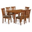 Pemberly Row 7-Piece Wood Kitchen Table Set in Saddle Brown with Linen Seats