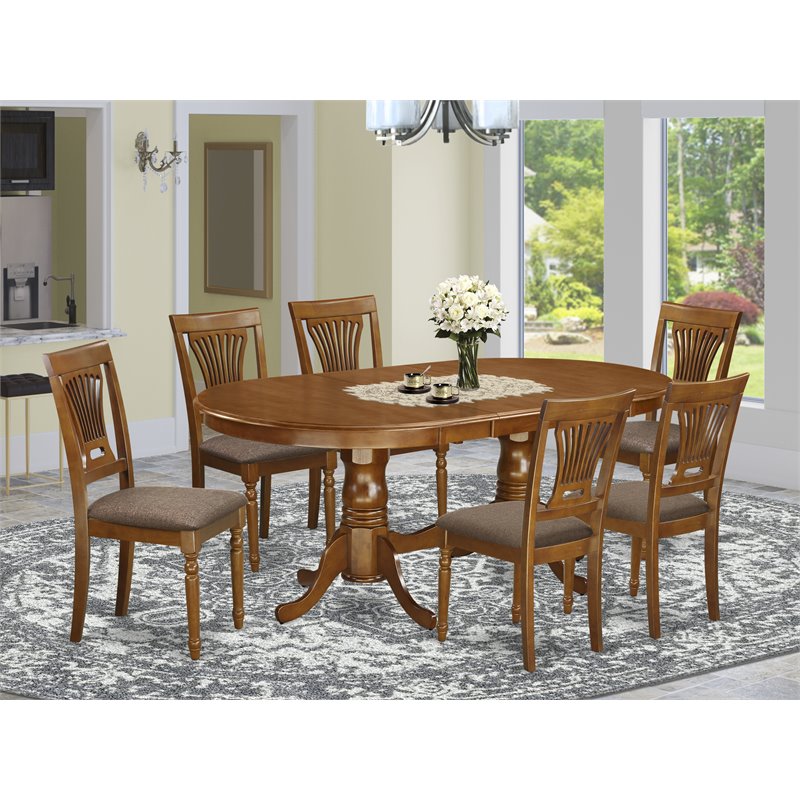 Pemberly Row 7-Piece Saddle Brown Wood Dining Set with Fabric Seats