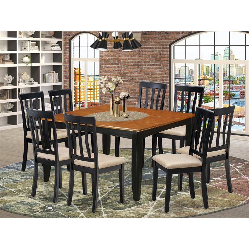 Pemberly Row 9-Piece Dining Set with Black/Cherry Finish and Linen Seats