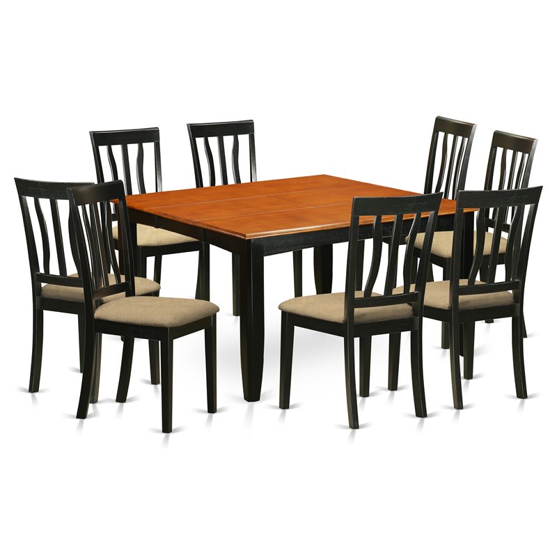 Pemberly Row 9-Piece Dining Set with Black/Cherry Finish and Linen Seats