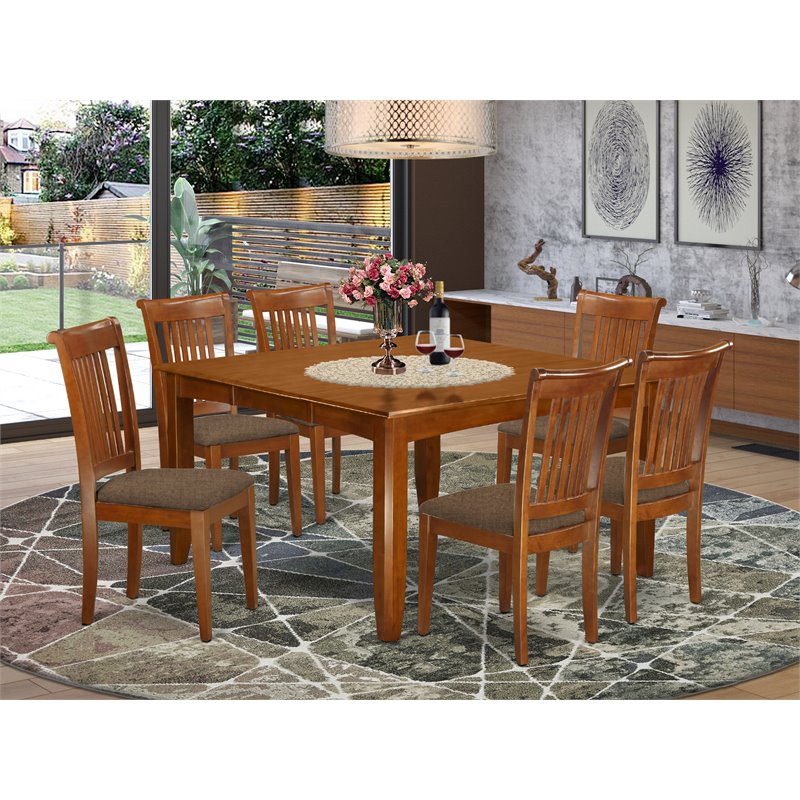 Pemberly Row 7-Piece Dining Set Fabric Chairs in Saddle Brown