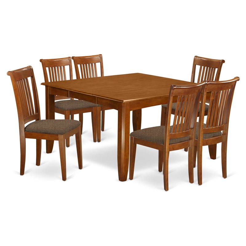Pemberly Row 7-Piece Dining Set Fabric Chairs in Saddle Brown
