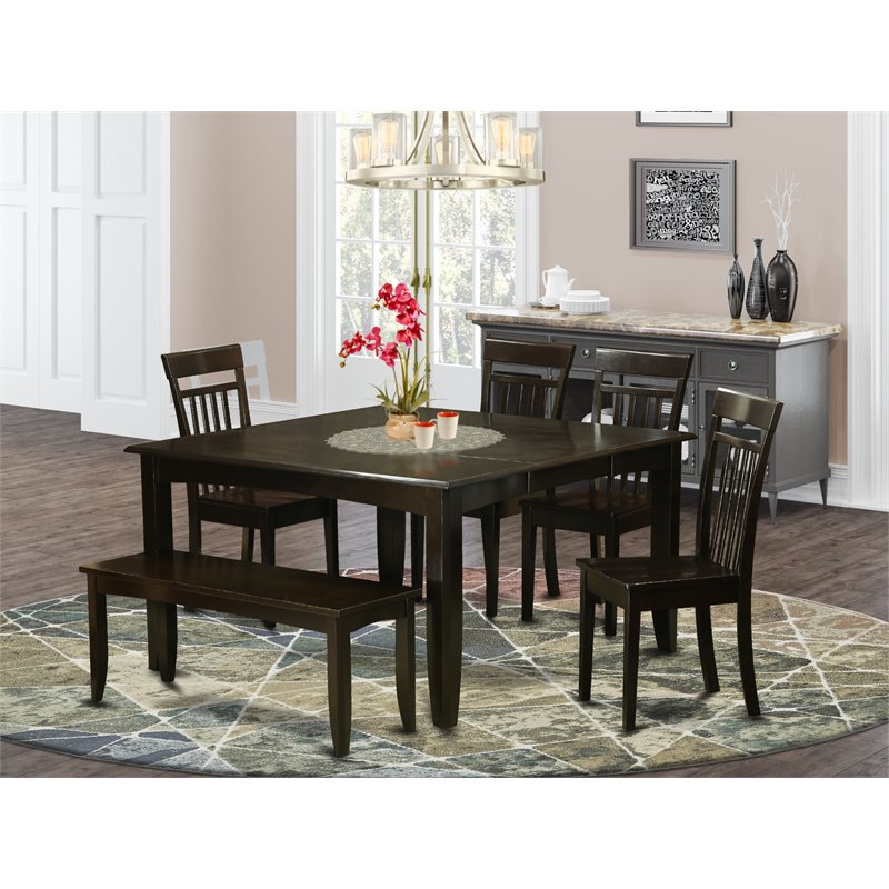 Pemberly Row 6-Piece Wood Kitchen Table Set with Bench in Cappuccino Finish