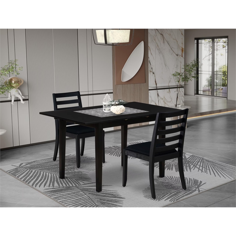 Pemberly Row 3-Piece Kitchen Dining Set Black Wood Fabric Seats