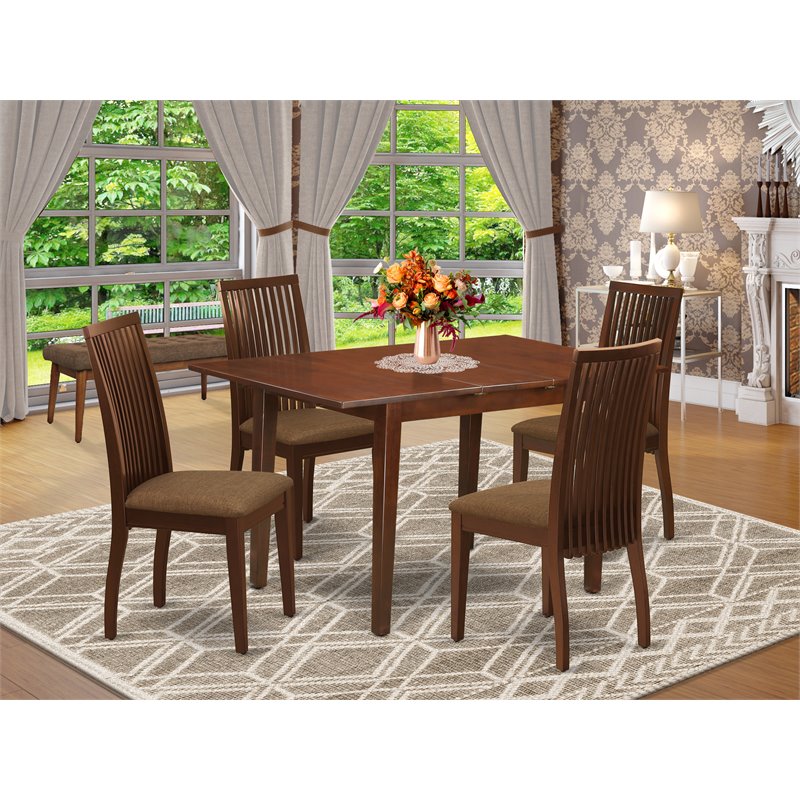 Pemberly Row 5-Piece Dining Table Set in Mahogany Finish with Linen Chairs