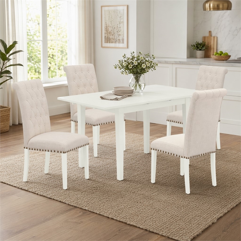 Pemberly Row 5-Piece Wood Dinette Set with Button-Tufted Chairs in White