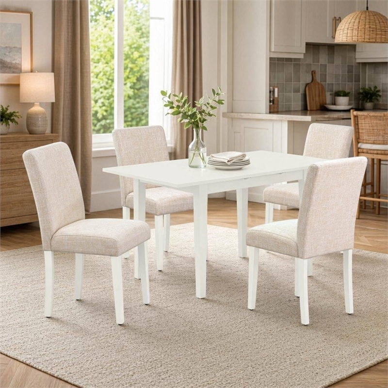 Pemberly Row 5-Piece Wood Dining Set with Upholstered Chairs in Linen White