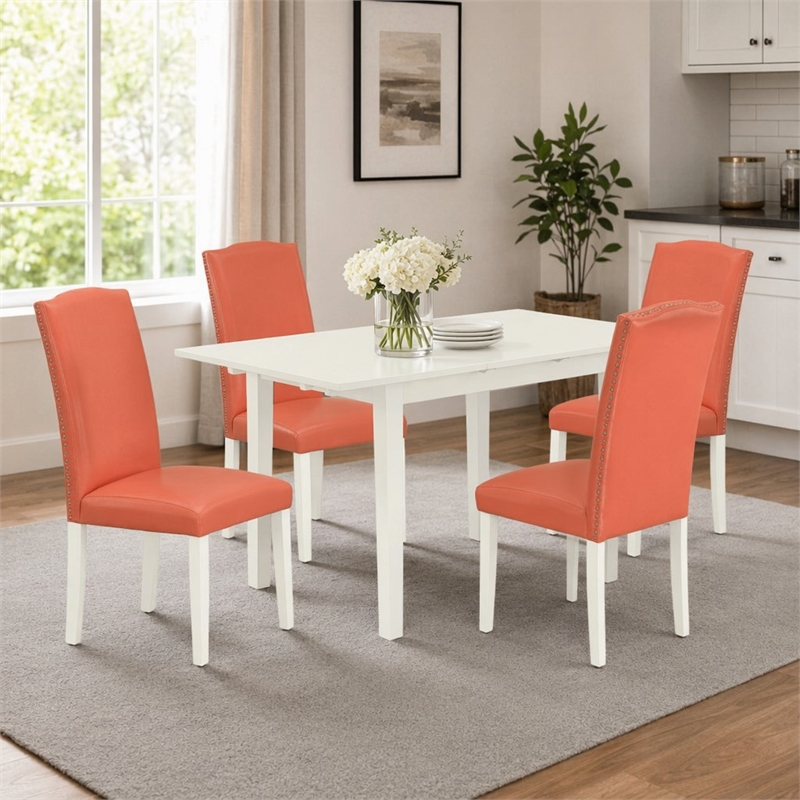 Pemberly Row 5-Piece Wood Dining Set with Parsons Chairs in Linen White