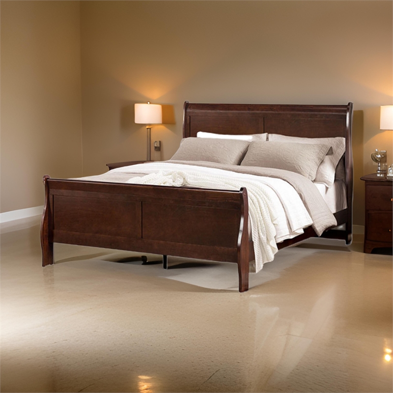 Pemberly Row Full Size Sleigh Panel Bed in Dark Cherry Brown Solid Wood