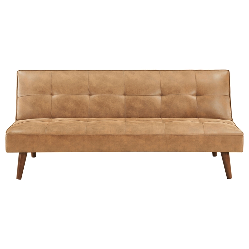 Pemberly Row Convertible Futon Sofa Bed Sleeper in Light Brown Faux Leather