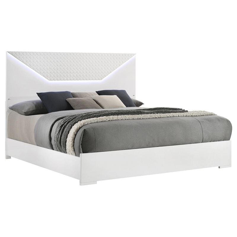 Pemberly Row King Bed with 3D Embossed LED Headboard in Glossy White