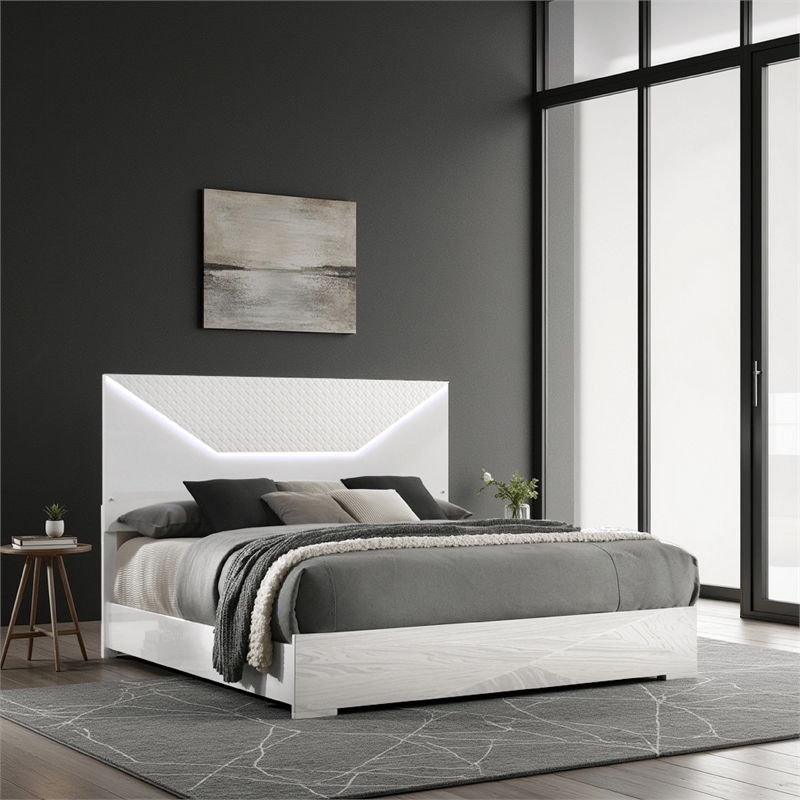 Pemberly Row King Bed with 3D Embossed LED Headboard in Glossy White
