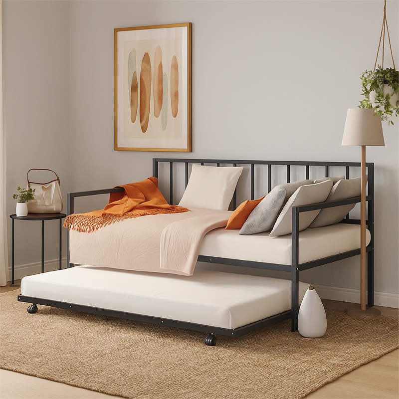 Pemberly Row Slatted Daybed with Pull Out Trundle in Black Metal